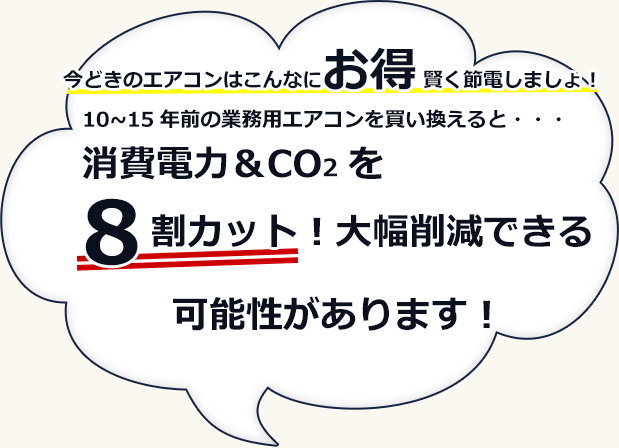 今時のエアコンはこんなにお得賢く節電しましょ 10から15年前の業務用エアコンを買い替えると 消費電力CO2を8割カット大幅削減できる可能性があります